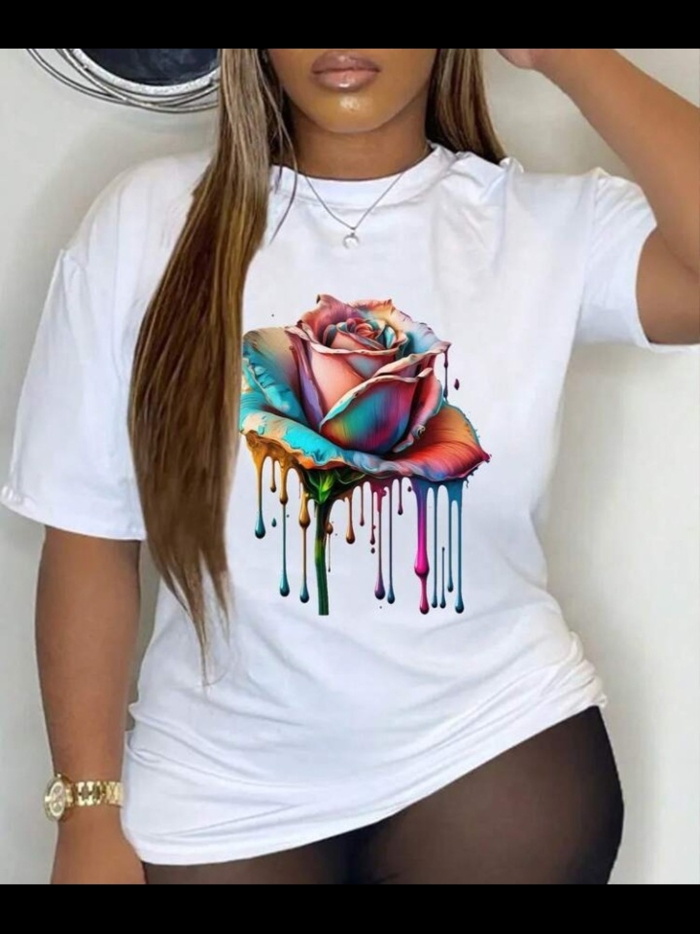 Multicolor Drip Rose Graphic Tee - White
